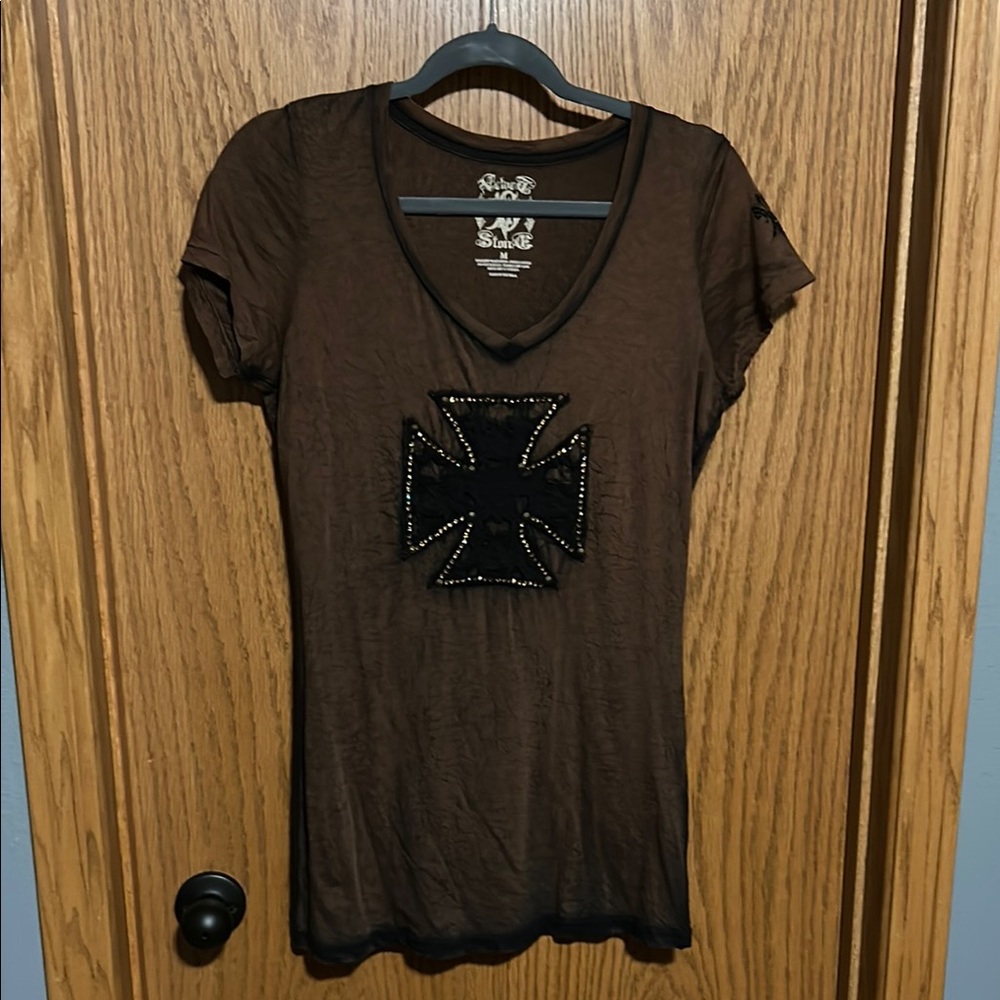 Velvet Stone Brown Cap Sleeve Fitted Graphic T-Shirt